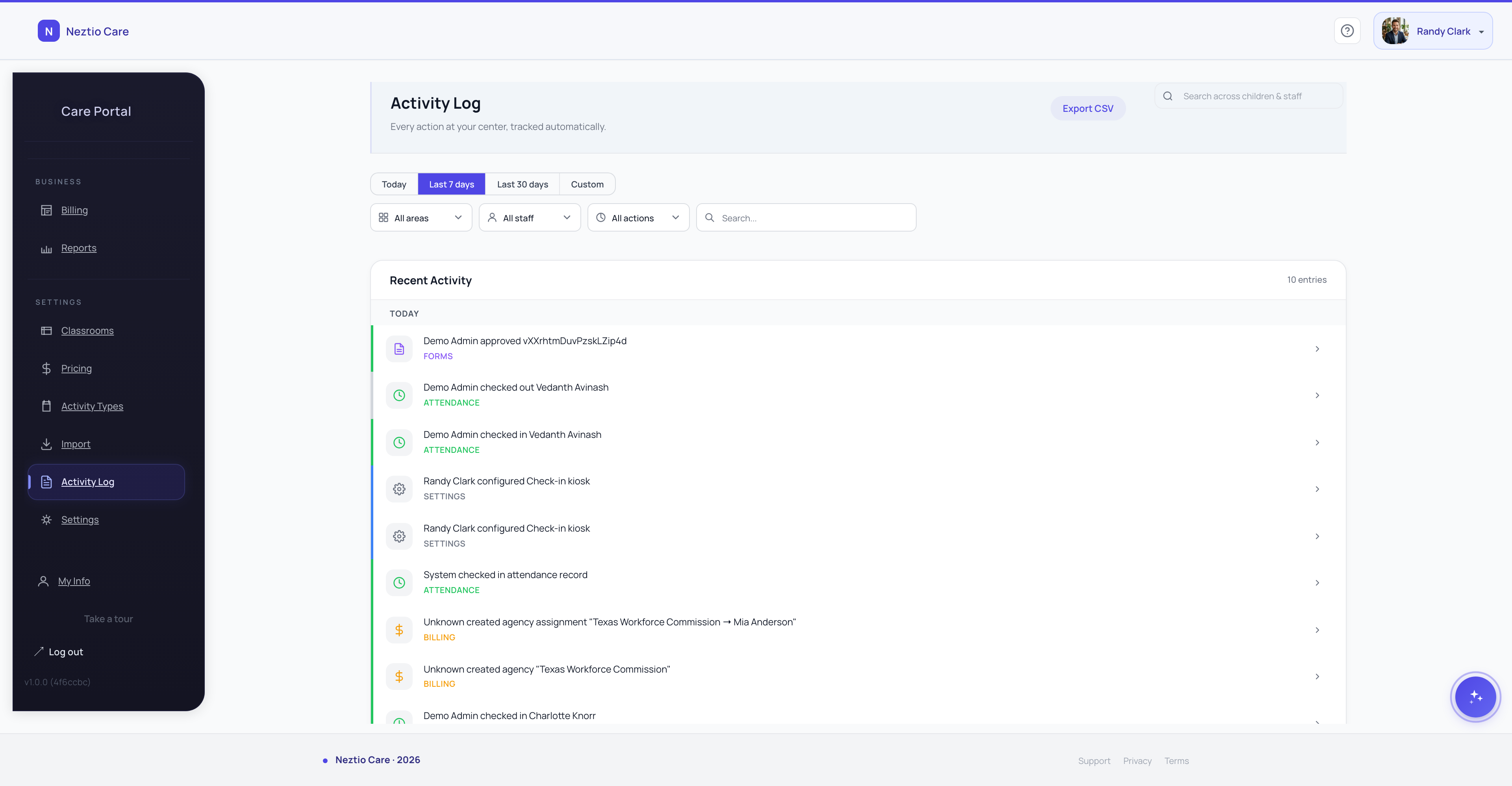 Neztio activity feed showing real-time audit log of center actions and changes